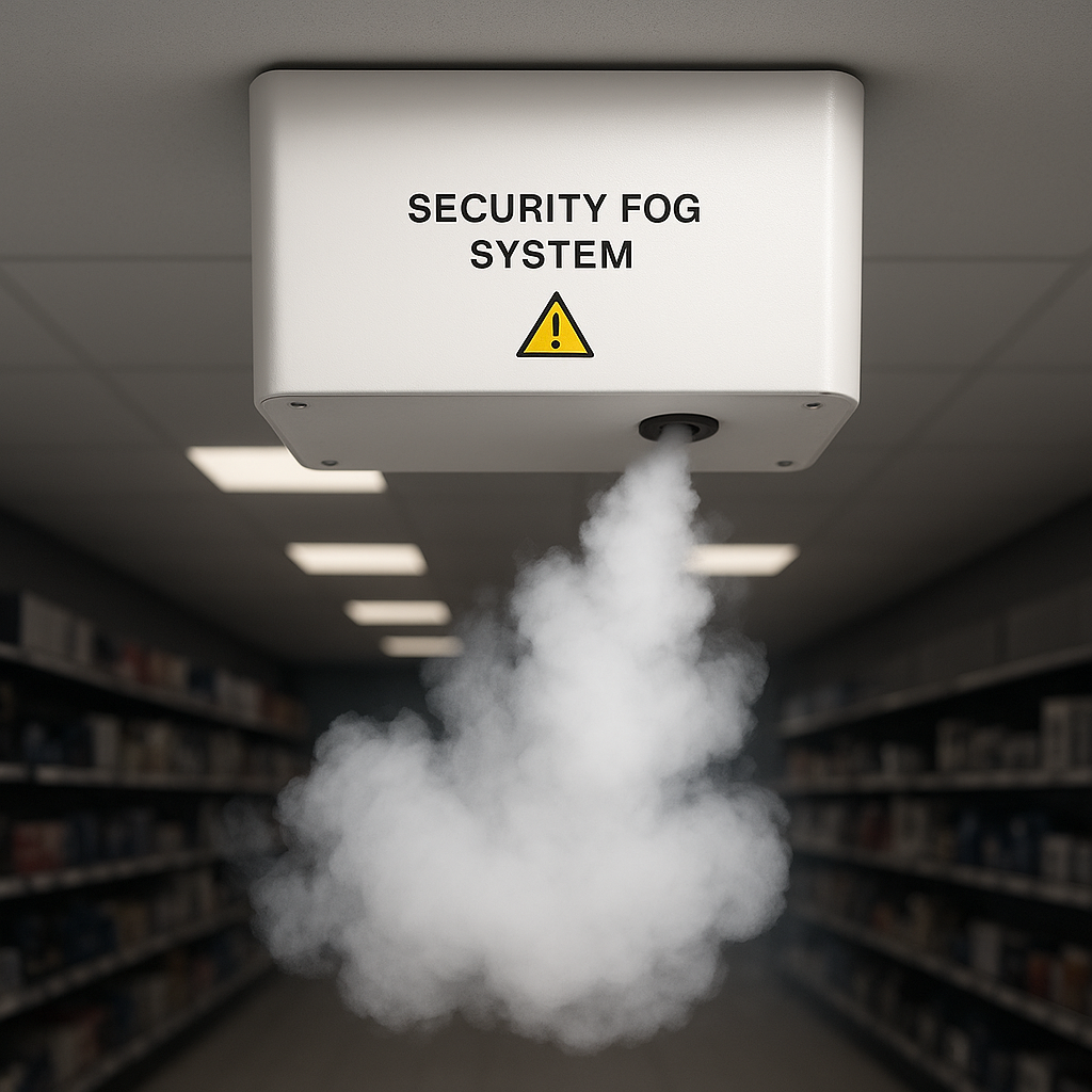 Ceiling-mounted security fog cannon releasing smoke inside a retail store during a burglary response.