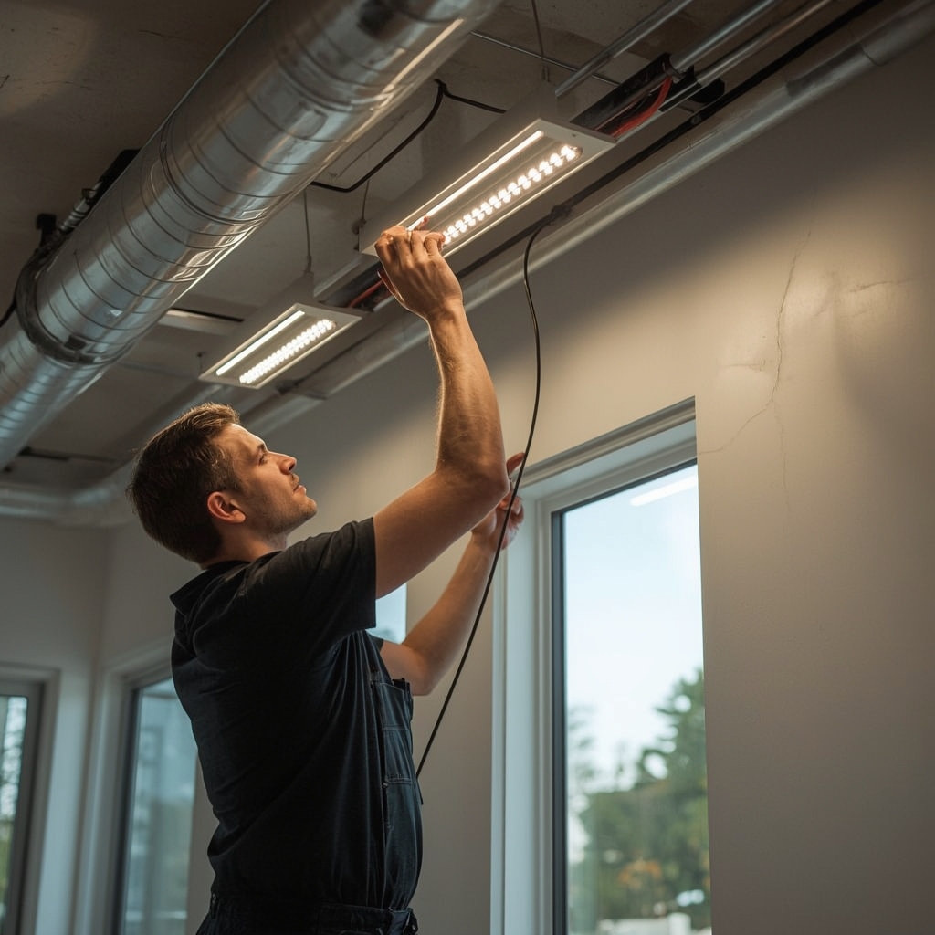 An electrician meticulously installing bright, modern LED lighting and neatly arranged electrical cabling in a contemporary home. Use natural lighting from large windows. Focus on precision and safety. Capture a sense of expertise and innovation.