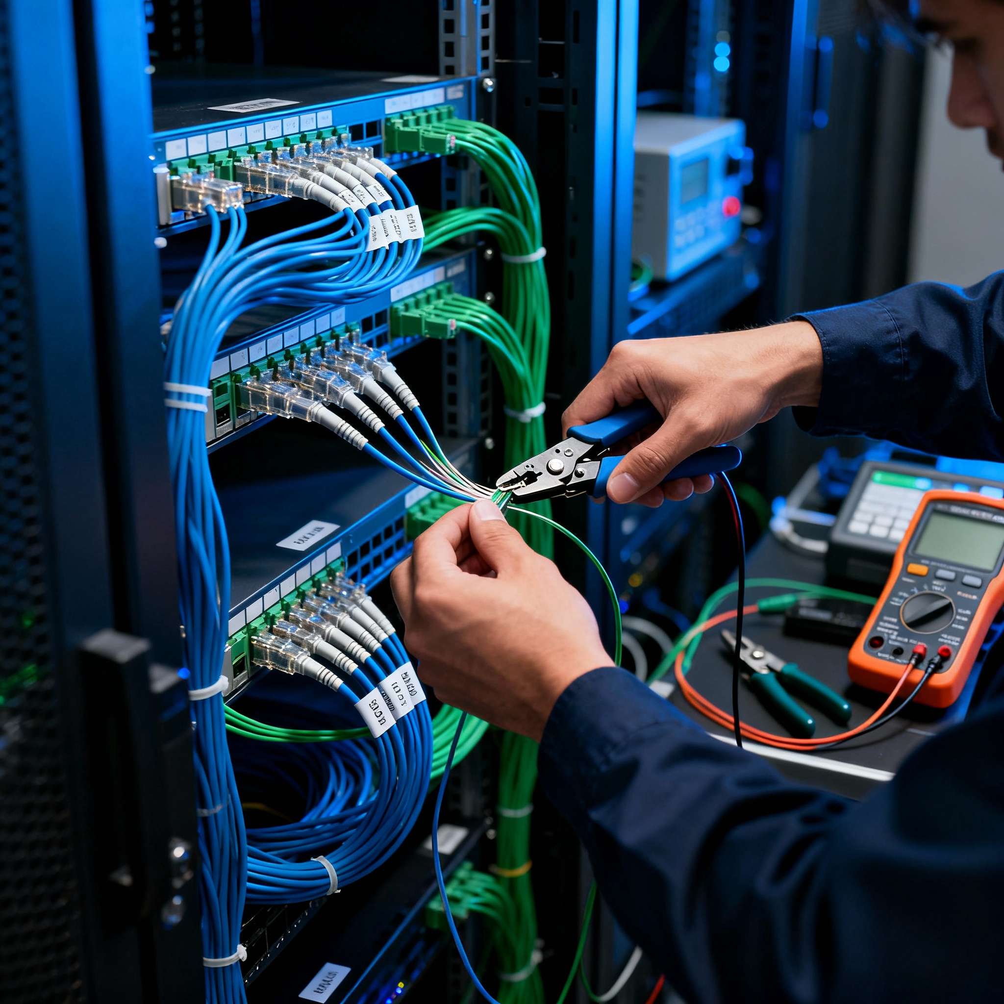 Technician meticulously splicing fiber optic and data cables within a dimly lit server room, focus on cable management, precision tools, and diagnostic equipment visible in the background, captured in a realistic, high-resolution photograph, bathed in cool blue and green light from server racks, conveying a sense of intense concentration and technical expertise.